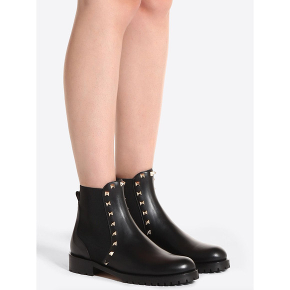 Valentino Rockstud Chelsea 20mm Black Leather Stud Heel Short Ankle Flat Boot 41 - Picture 3 of 12